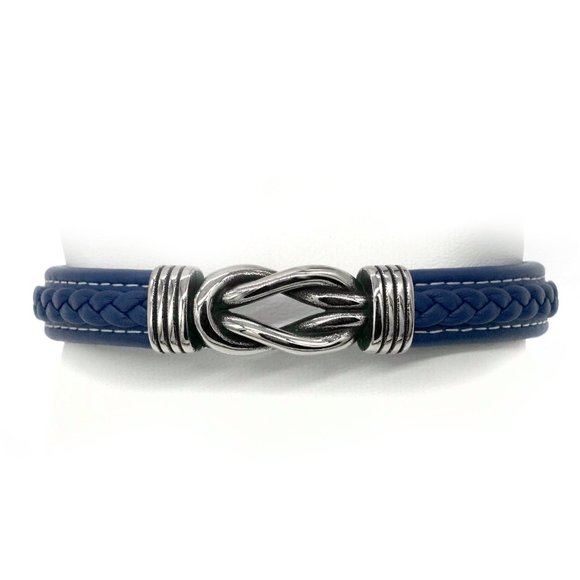 Men's blue leather love knot bracelet with magnetic clasp. - Picture 3 of 3